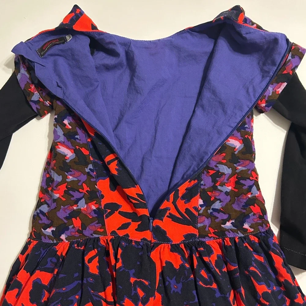 Catimini Floral Drop‎ Waist Dress Kids Size 5 Red Purple Black Long Sleeve